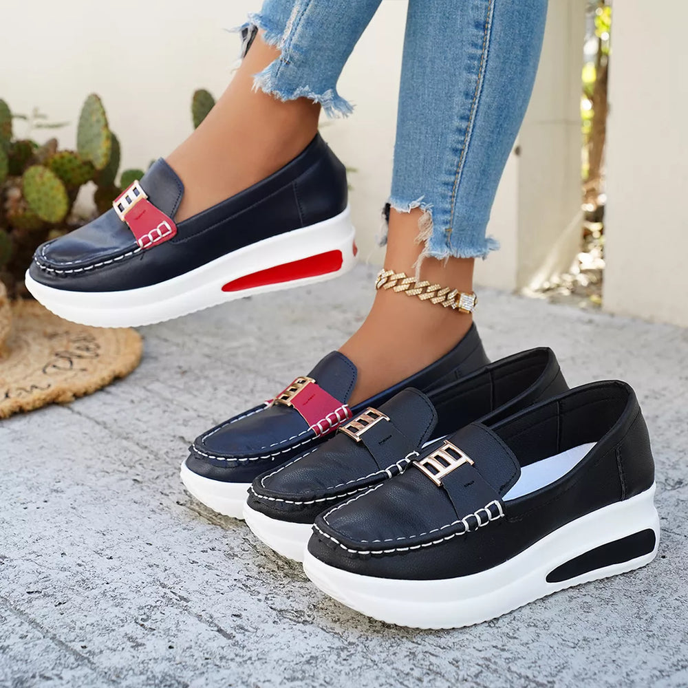 Metal Buckle Round Toe Slip Ons