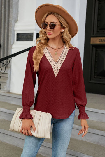 V Neck Flounce Sleeve Blouse