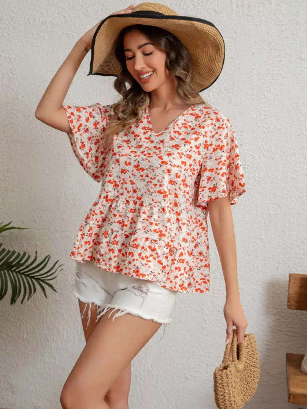 Floral Print V Neck Ruffle Sleeve Peplum Blouse