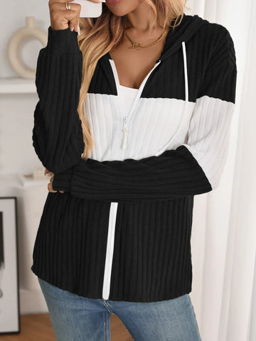 Drawstring Color Block Zip Up Outerwear