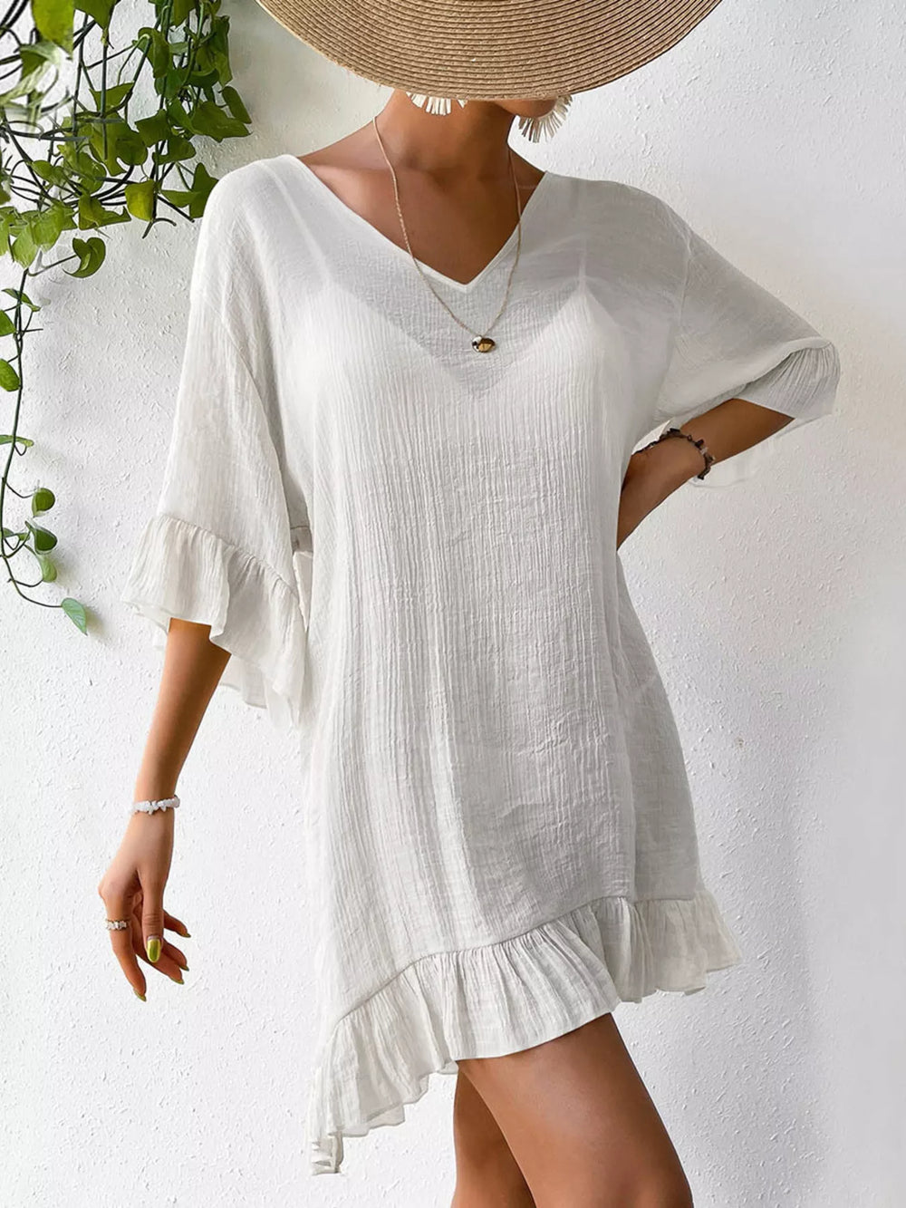 Ruffle Trim Butterfly Back V-Neck Cover-Up Dress