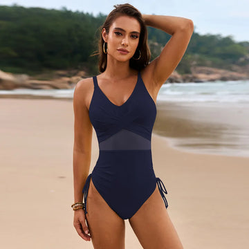 Drawstring Ruched V Neck One Piece Swimwear