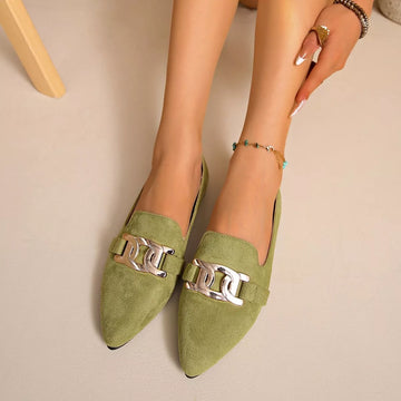 Pointed-Toe Suede Loafers with Metallic Chain Detail