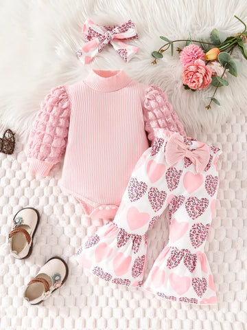 Children's Bubble Texture Long Sleeve Top and Pants Set with Headband