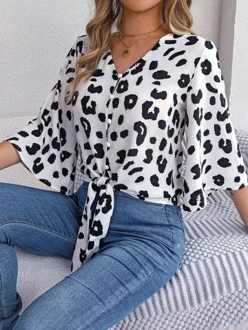 Tied Button Up Leopard V Neck Blouse