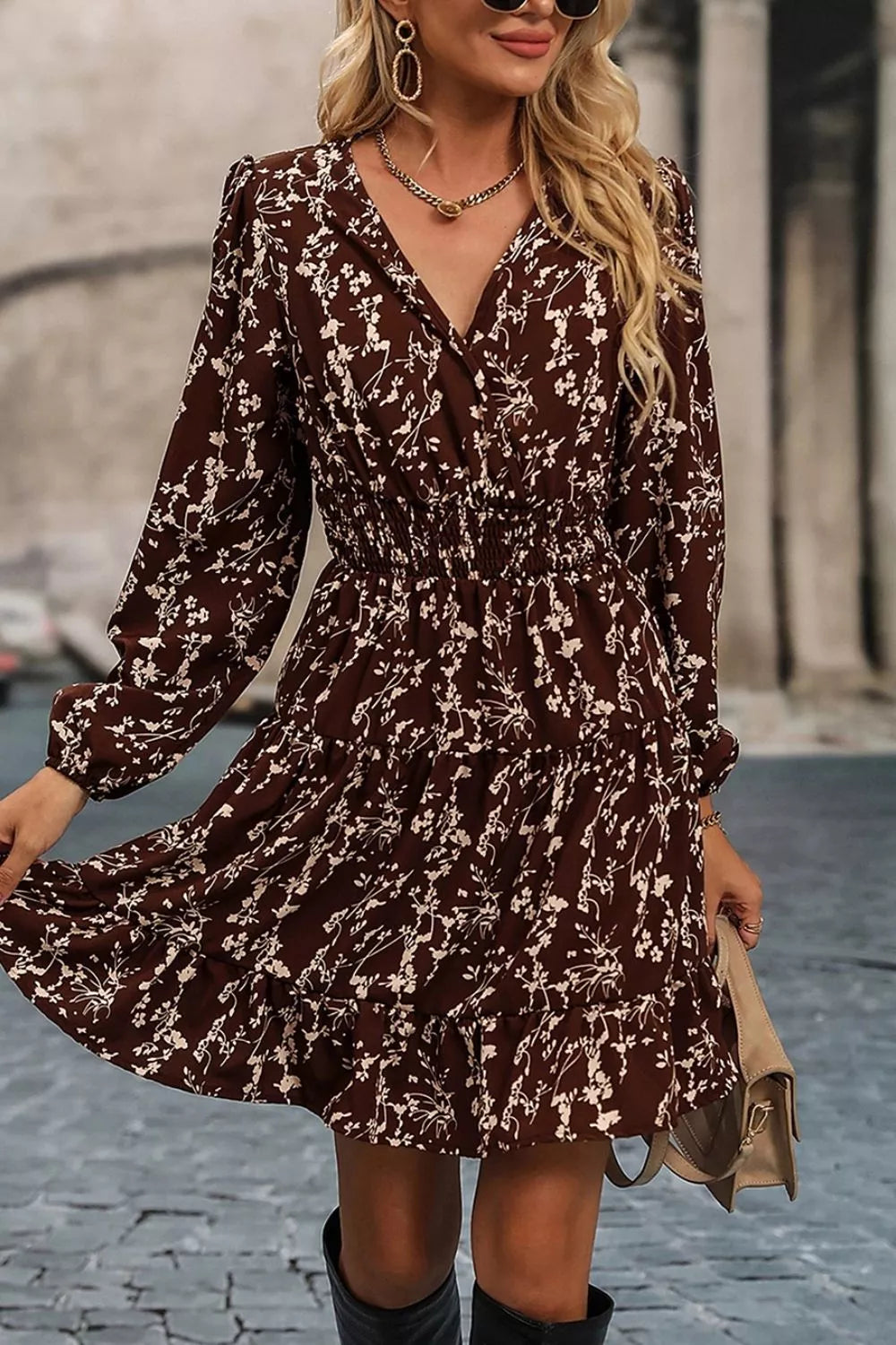 Ditsy Floral Print Split Neck Long Sleeve Shirred Waist Flared Mini Dress