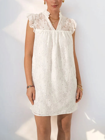 Lace Notched Cap Sleeve Mini Dress