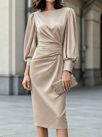 Long Sleeve Satin Ruched Midi Dress