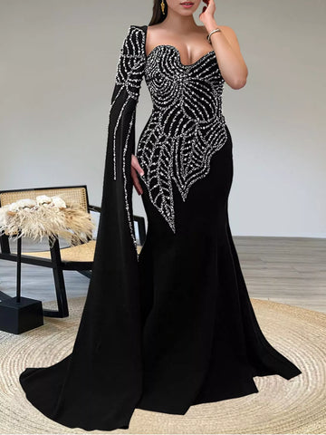 Rhinestone Pearl Detail One-Shoulder Mermaid Maxi Dress