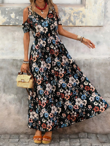 Cold Shoulder Floral Print Maxi Dress