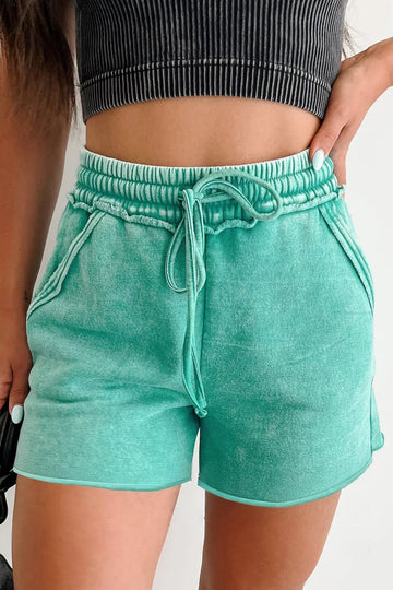 Mineral Washed Drawstring Elastic Waist Raw Cut Shorts