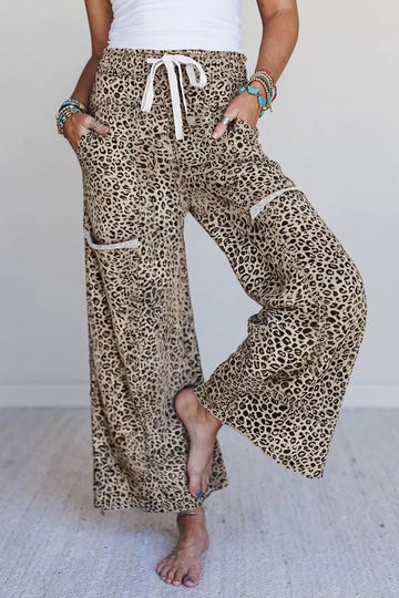 Leopard Print Wide-Leg Pants with Drawstring