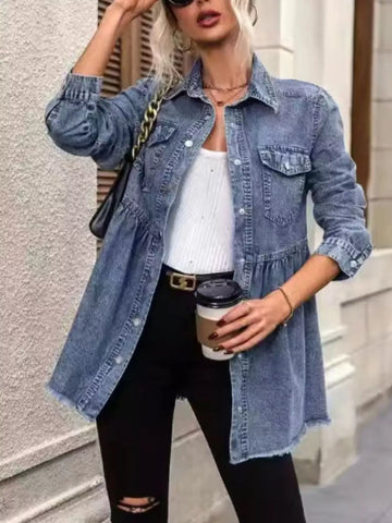 Peplum Hem Denim Jacket with Button-Down Front