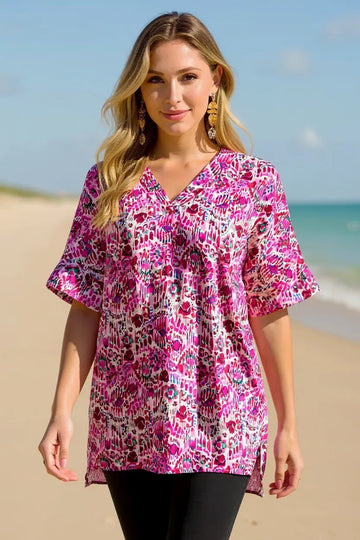 Double Take Full Size Printed V Neck Short Sleeve Blouse