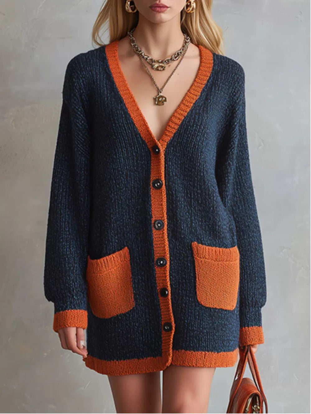 Color-Block V-Neck Button-Down Knit Cardigan