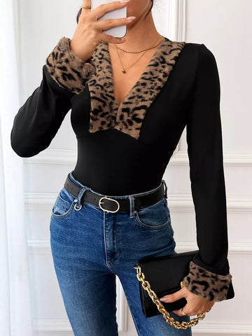 Leopard-Trim V-Neck Bodysuit