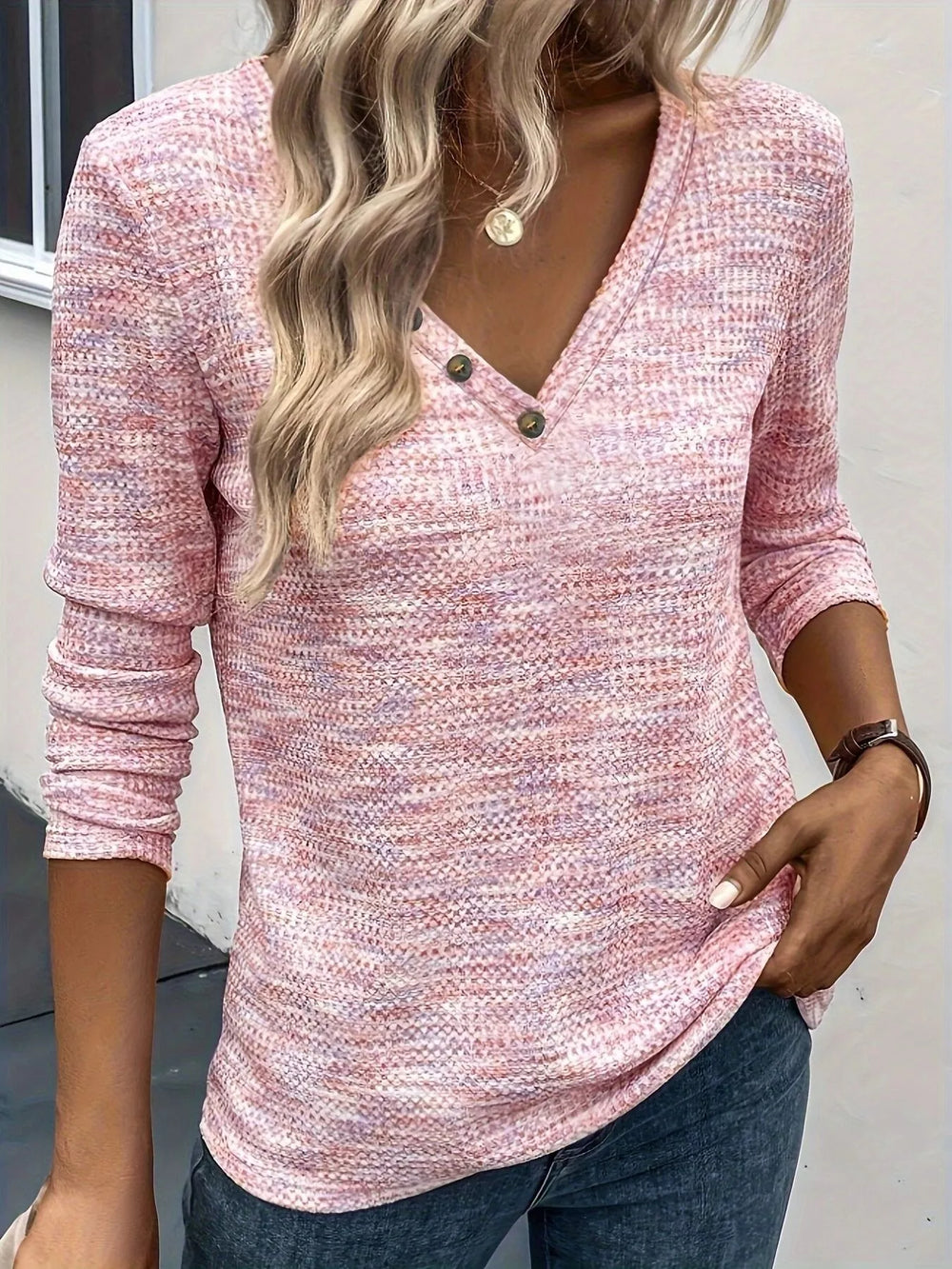 Decor Button V-Neck Long Sleeve Top