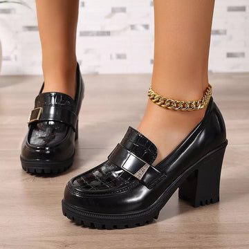 Chunky Heel Crocodile Pattern Patent Leather Loafers with Metal Buckle