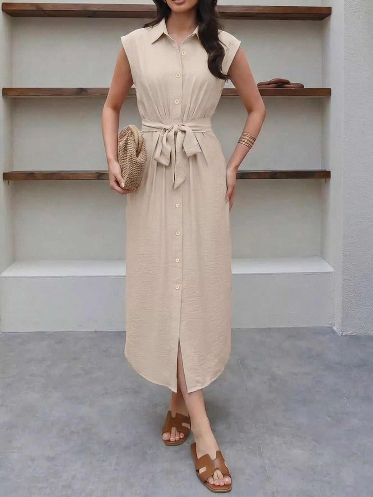 Sleeveless Button-Down Tie Waist Midi Dress