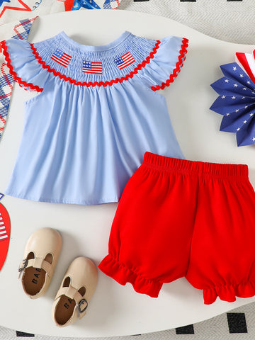 Children's American Flag Smocked Top and Shorts Set