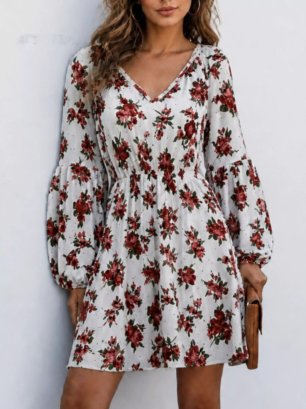 Floral Print V-Neck Long Sleeve Mini Dress