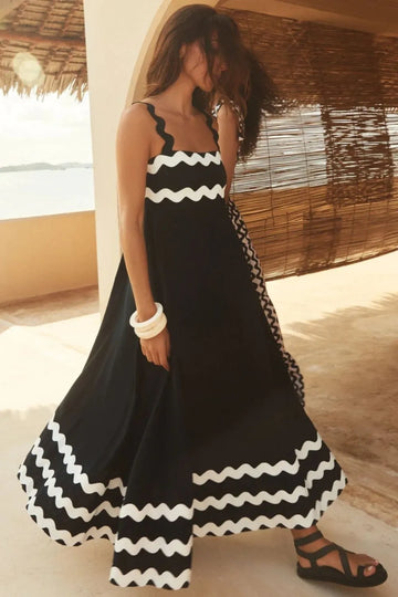Contrast Trim Square Neck Wide Strap Maxi Dress