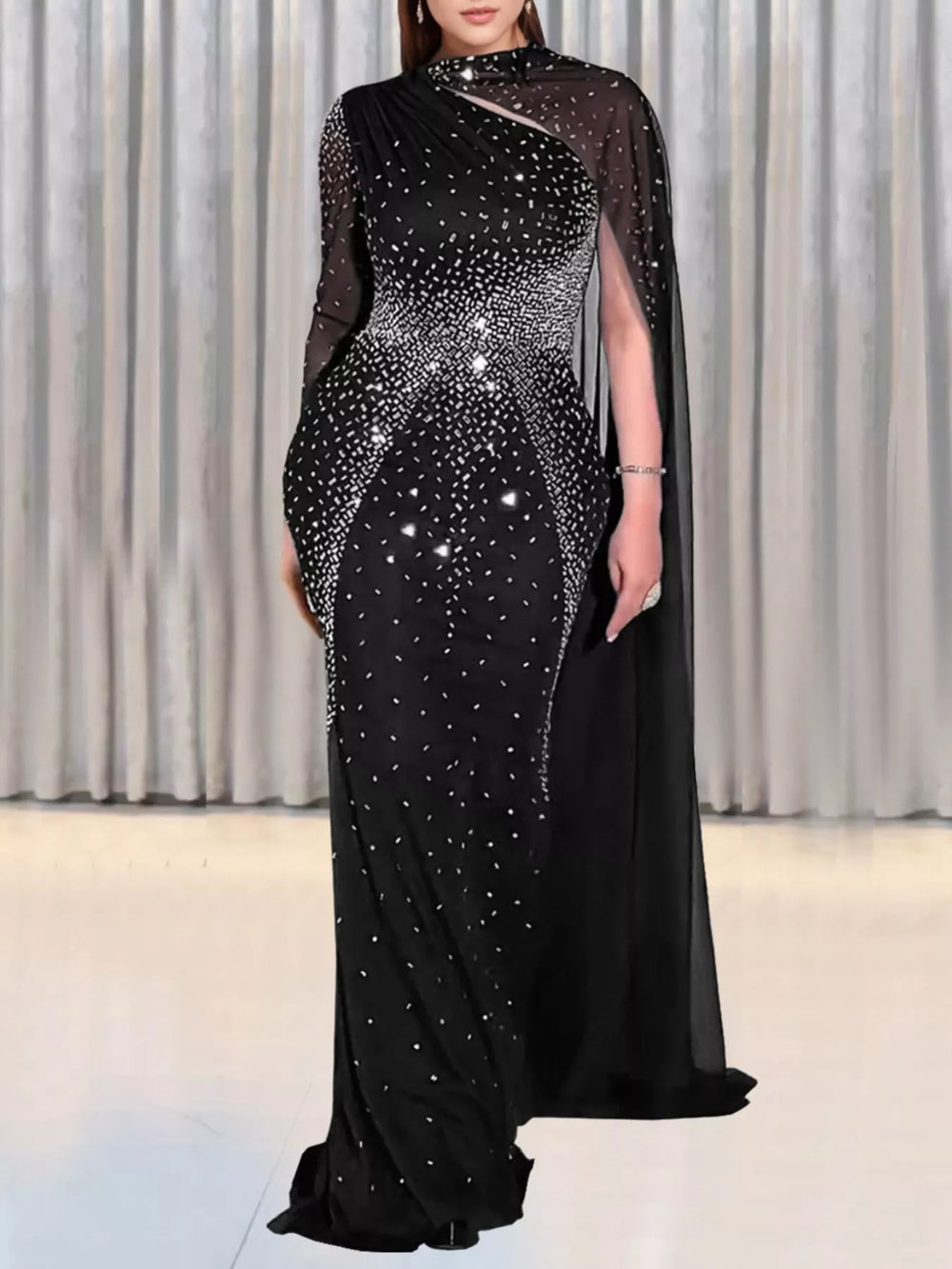 Rhinestone Embellished Cape Maxi Dress