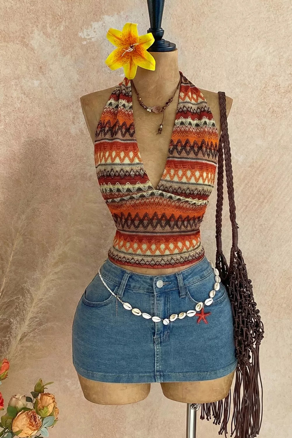 Ethnic Print Halter Neck Cami
