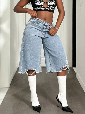 Distressed Wide Leg Denim Shorts