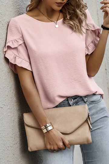 Solid Ruffle Trim Short Sleeve Blouse