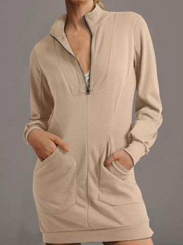 Zip Up Collared Ribbed Patchwork Sweatshirt Dress with Pockets