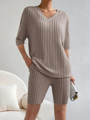 Ribbed V Neck Top and Shorts Set