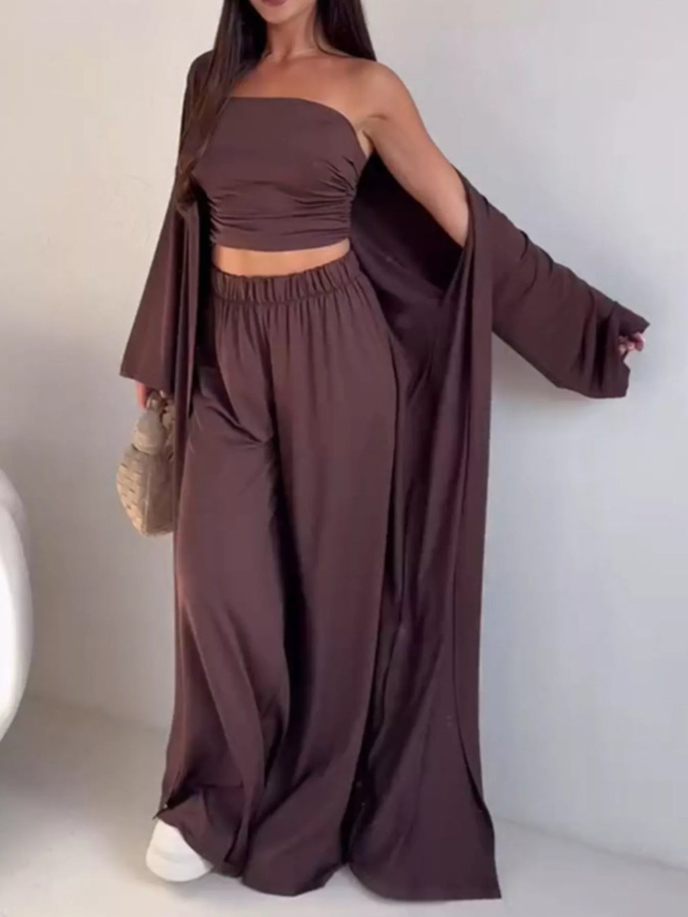 Chic Strapless Ruched Crop Top and Wide-Leg Pants with Cardigan 3-Piece Set