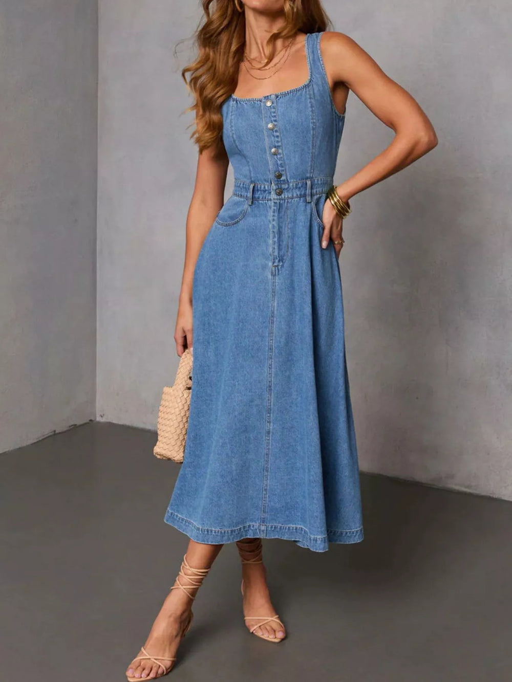 Sleeveless Button-Down Denim Midi Dress