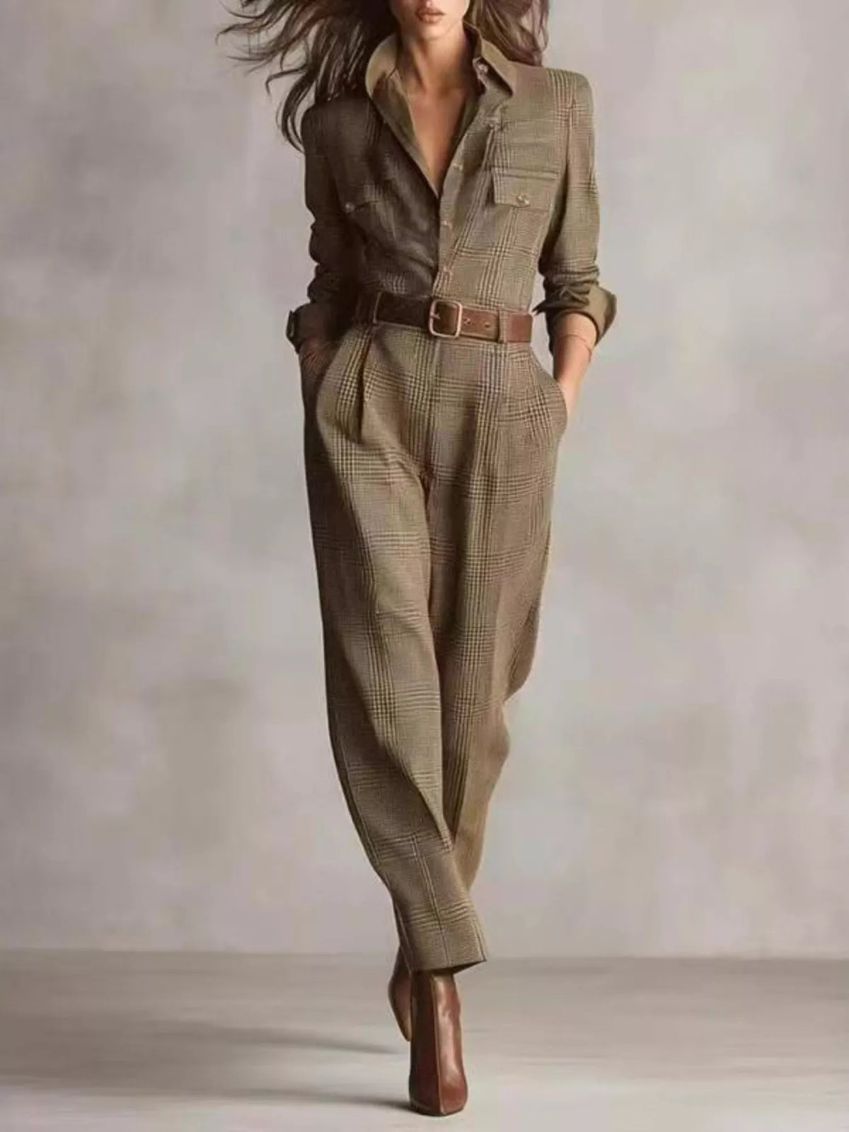 Plaid Long Sleeve Button Front Jumpsuit