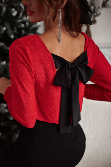 Bowknot V Neck Long Sleeve Blouse