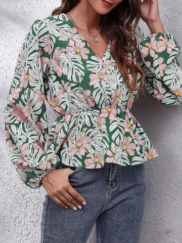 Floral V Neck Balloon Sleeve Blouse