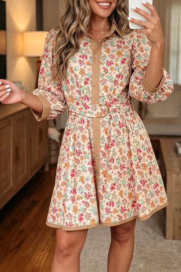 Floral Color Block Belted Mini Dress
