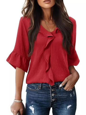 Ruffled V Neck Bell Sleeve Blouse