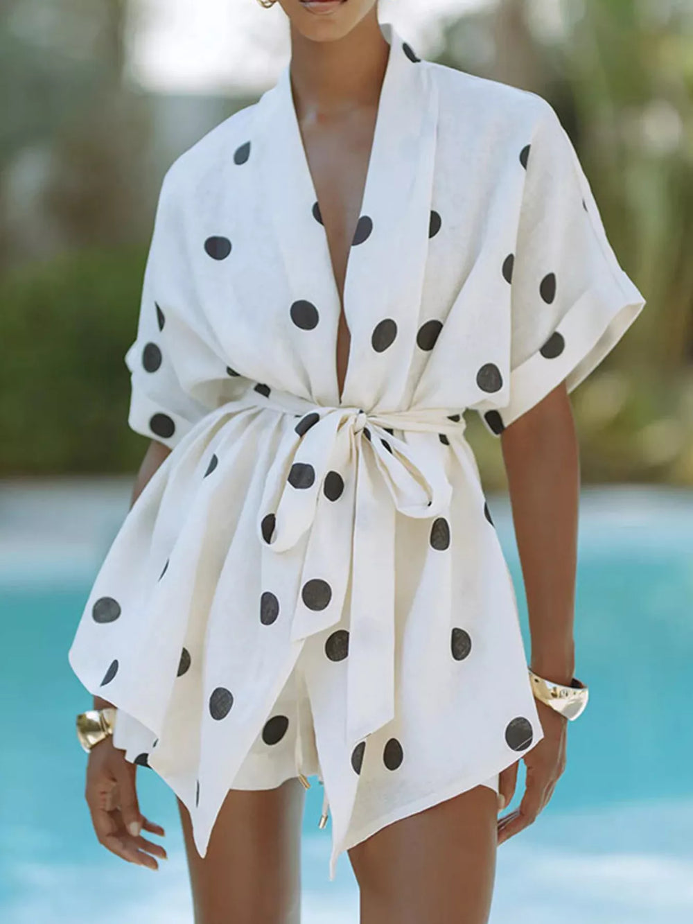 Polka Dot Tie Waist Top & Shorts Set