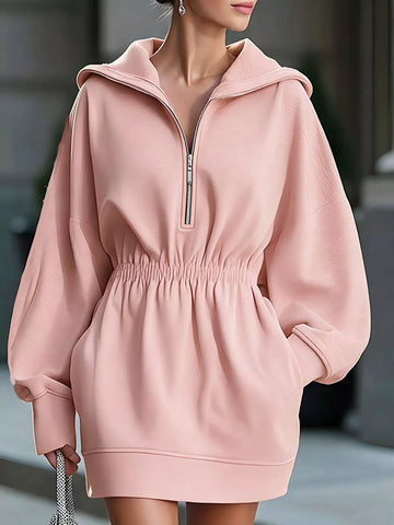 Casual Hooded Quarter-Zip Sweatshirt Dress