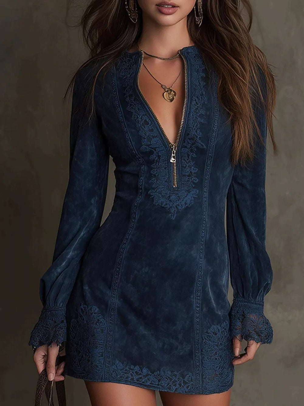 Full Size Zip-Front Long Sleeve Mini Dress Plus Size