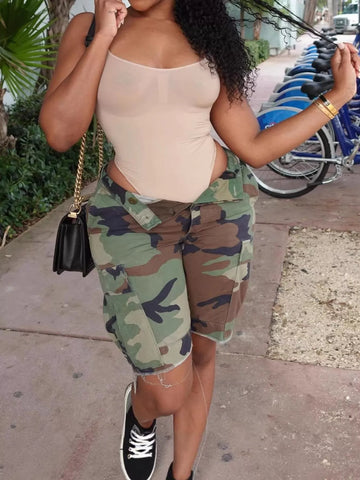 Camouflage Cargo Shorts with Raw Hem