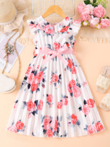 Children's Floral Print Ruffle Trim Bow Pleated Dress