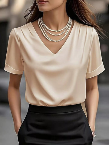 V Neck Short Sleeve Satin Blouse