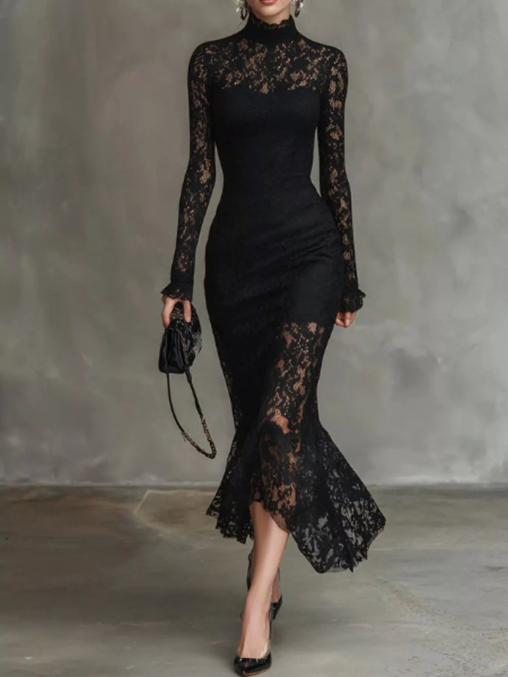Lace Mock Neck Long Sleeve Mermaid Midi Dress