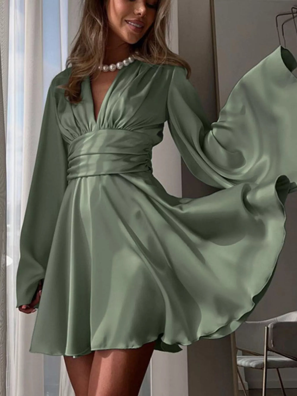 V Neck Satin Mini Dress