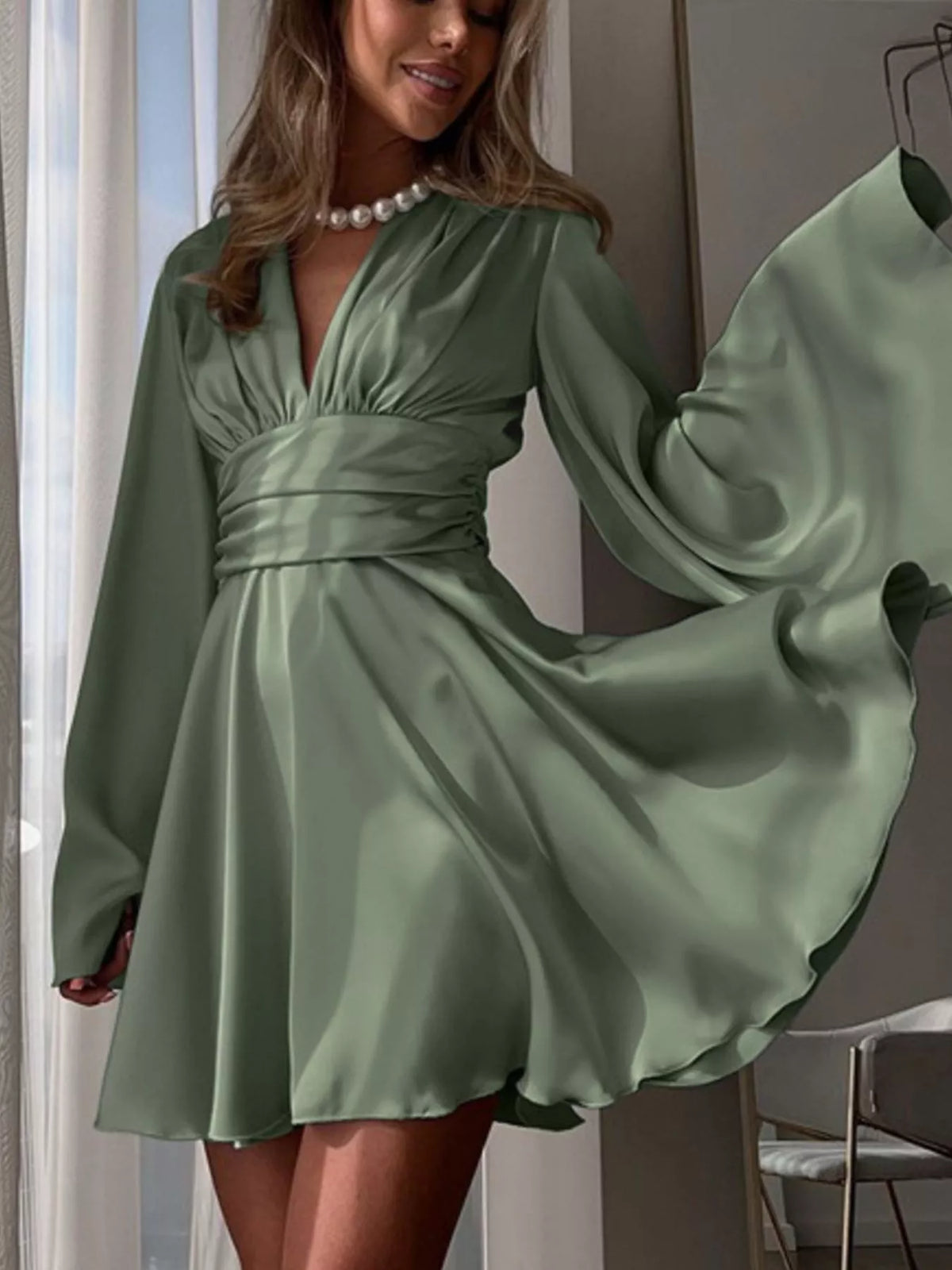 V-Neck Satin Mini Dress
