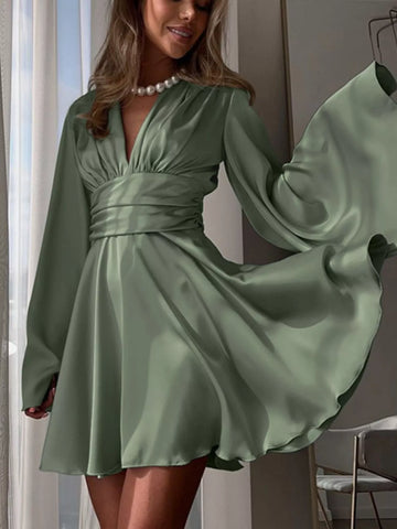 V Neck Satin Mini Dress