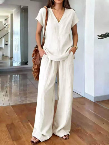 Full Size V-Neck Short Sleeve Top and Pants Set Plus Size